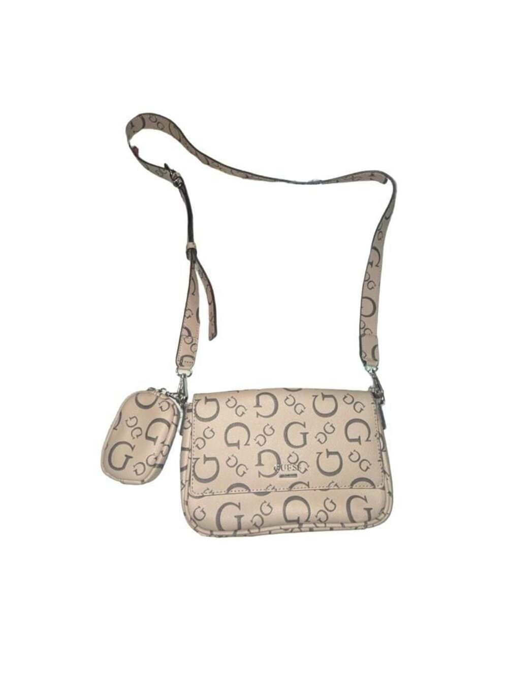 Guess Monogram Print Crossbody Bag with Detachable Strap and Pouch